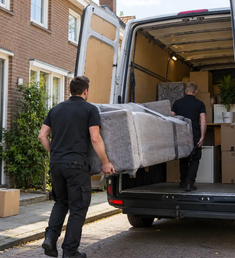 Twee verhuizers dragen een ingepakte bank naar de verhuisbus